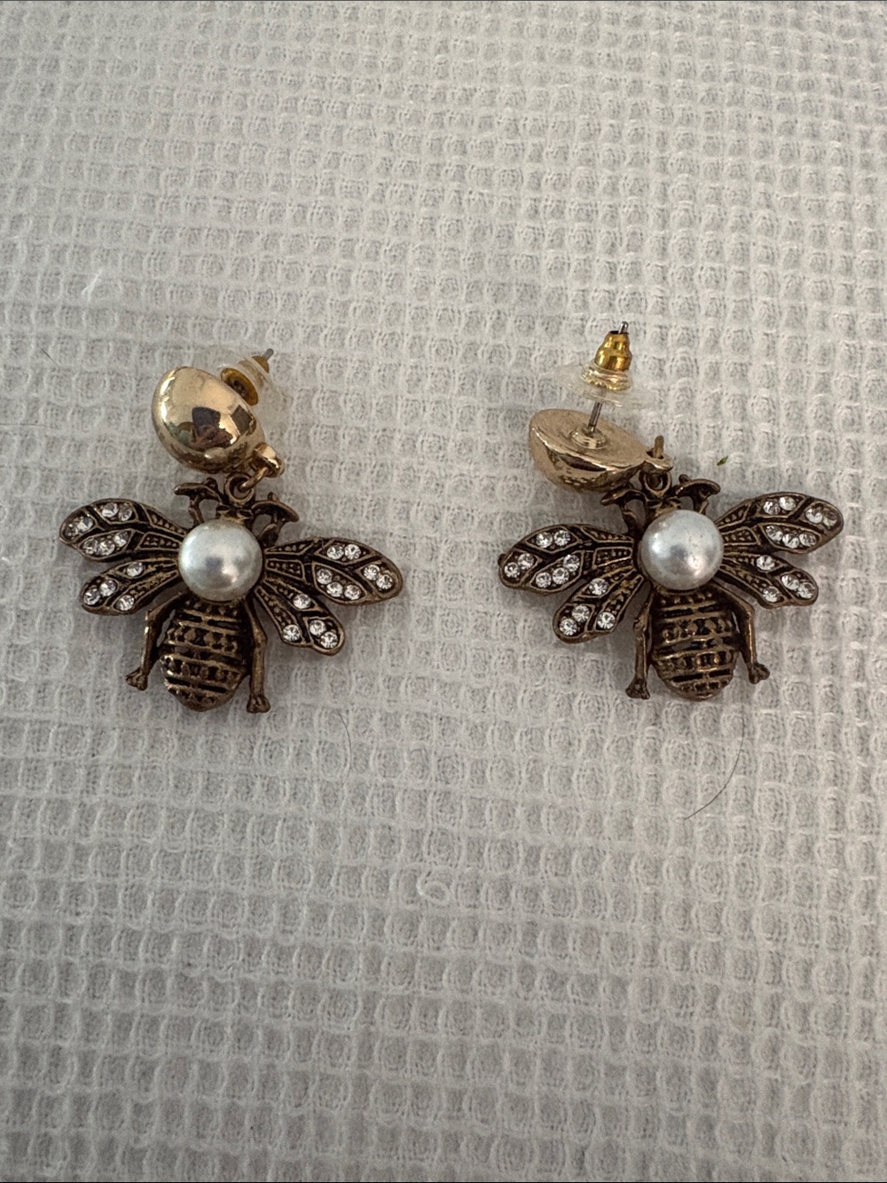 Gold Bee Drop Earrings with Pearl Accent